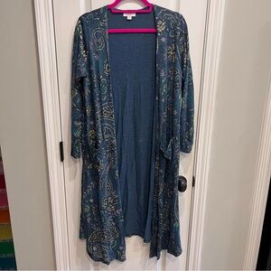 Lularoe Blue Gold Paisley Shimmery Sarah Long Cardigan Duster Medium